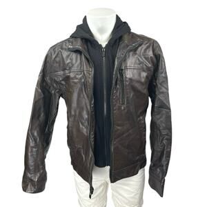 Calvin Klein Men's Brown Leather Long Sleeve Hooded Zip Moto Coat Jacket Size M